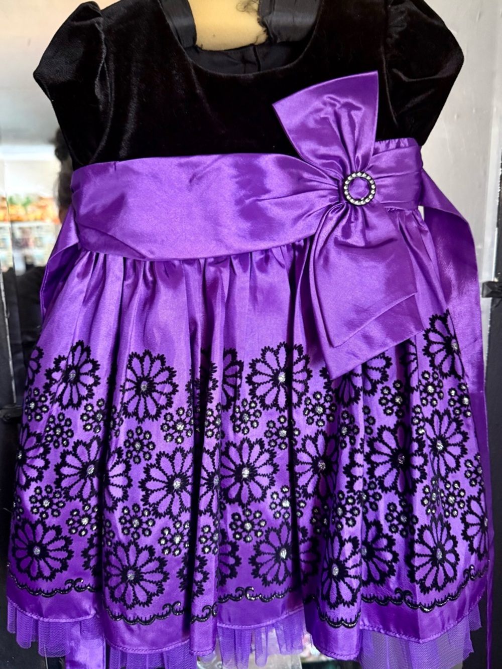 Jona Michelle Black and Purple Satin Party Dress with Embellished Bow